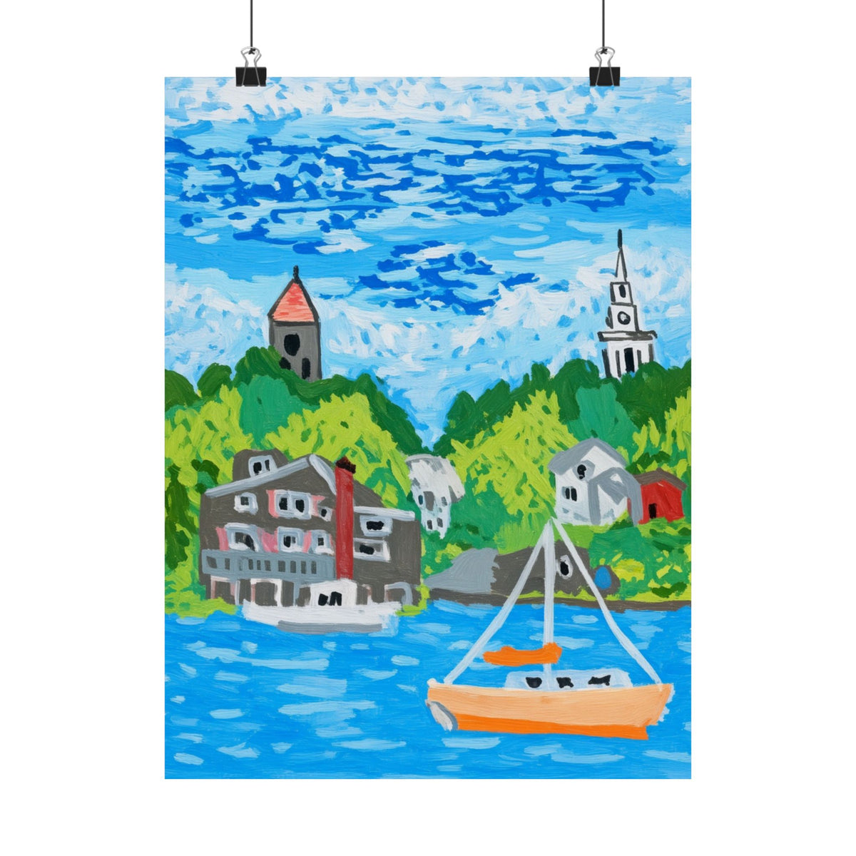 Riverfront Sailboat & Church Steeple Printable Art – Digital Download