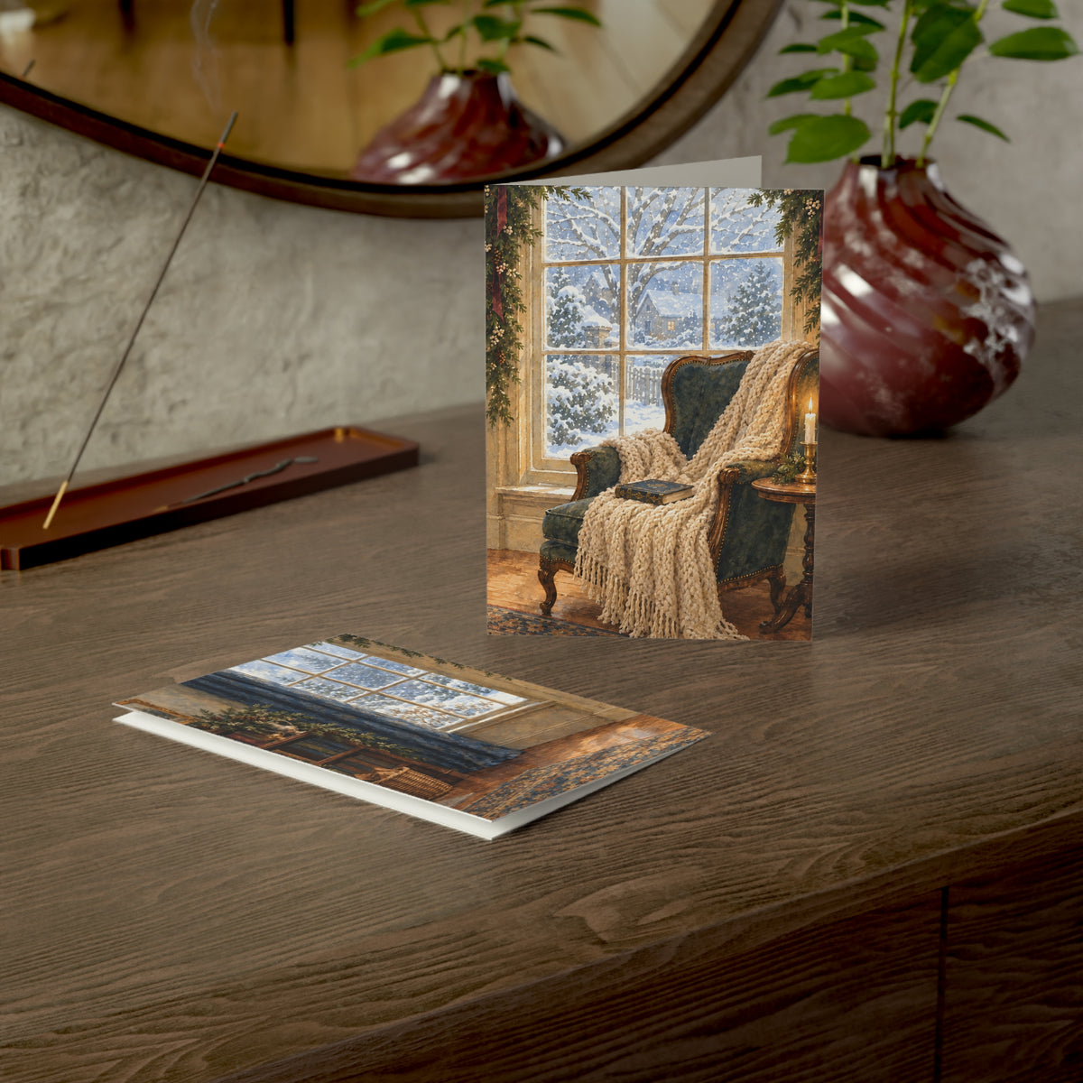 Cozy Winter Window Christmas Card — Watercolor Reading Nook & Greeting Inside