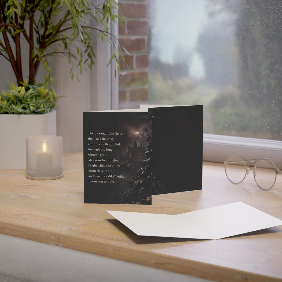 Yuletide Gothic Greeting Card — Dark Winter Castle Holiday Card with Poetic Verse (1/10/30/50 pack)