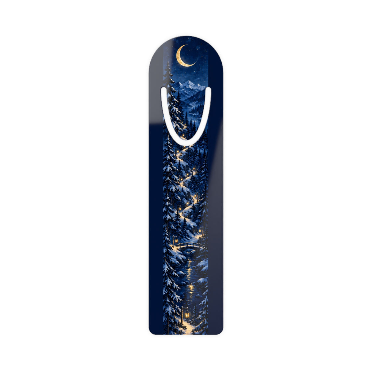 “Bookmark featuring a gold crescent moon above a snowy pine forest and a winding, lantern-lit path.”