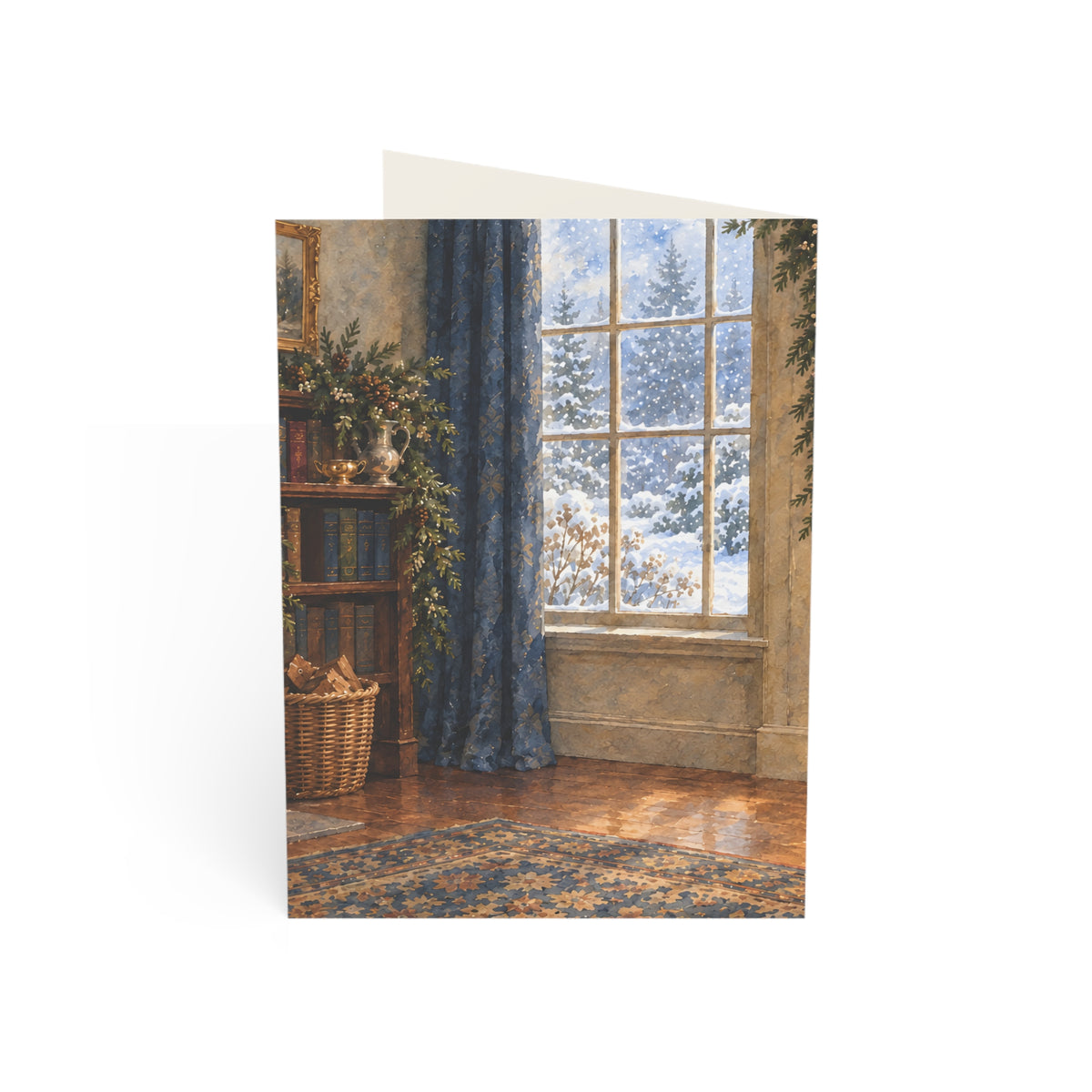 Cozy Winter Window Christmas Card — Watercolor Reading Nook & Greeting Inside