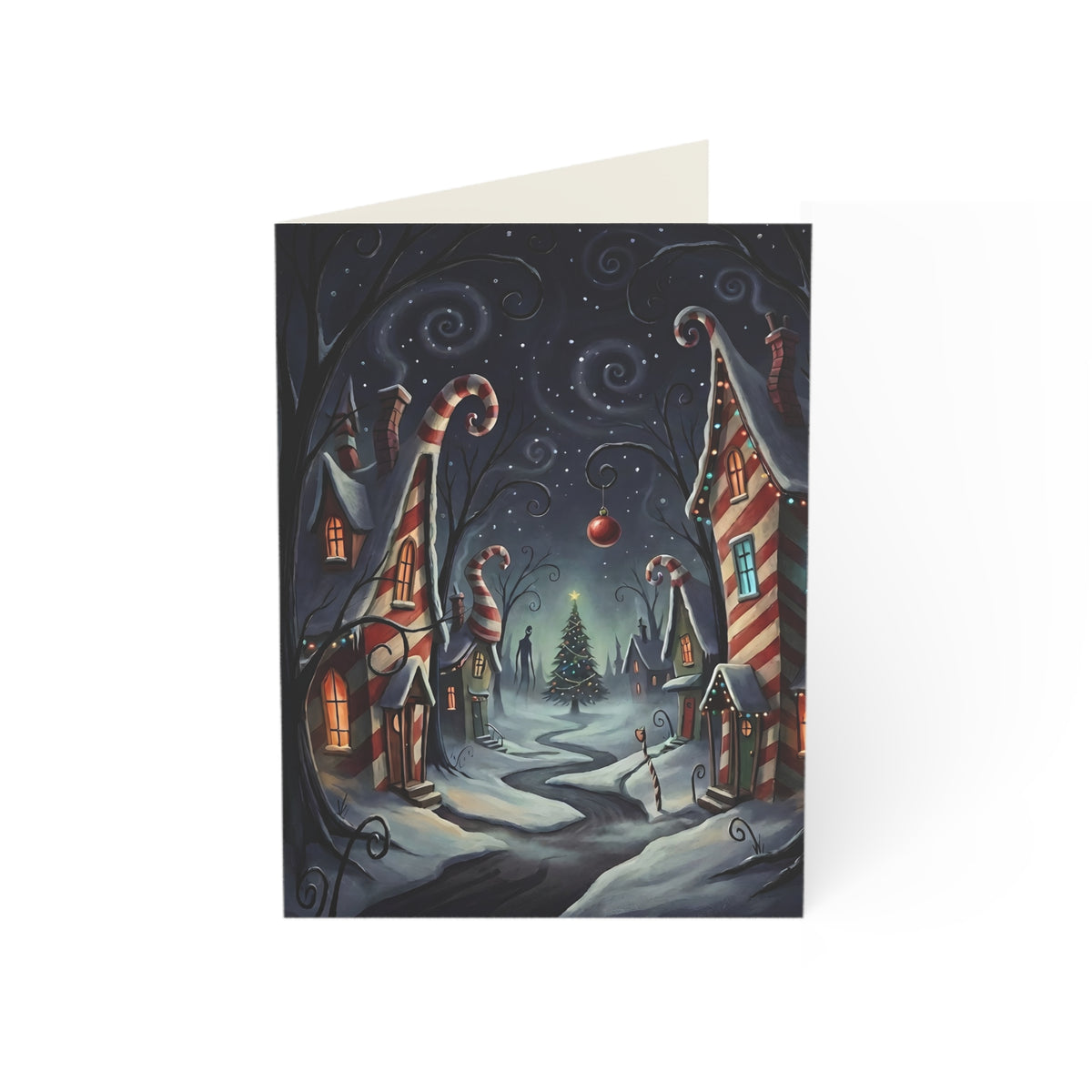 A vertical Christmas greeting card featuring a whimsical village scene with candy cane houses, snowy paths, and a glowing Christmas tree under a starry night sky, shown on a white background.