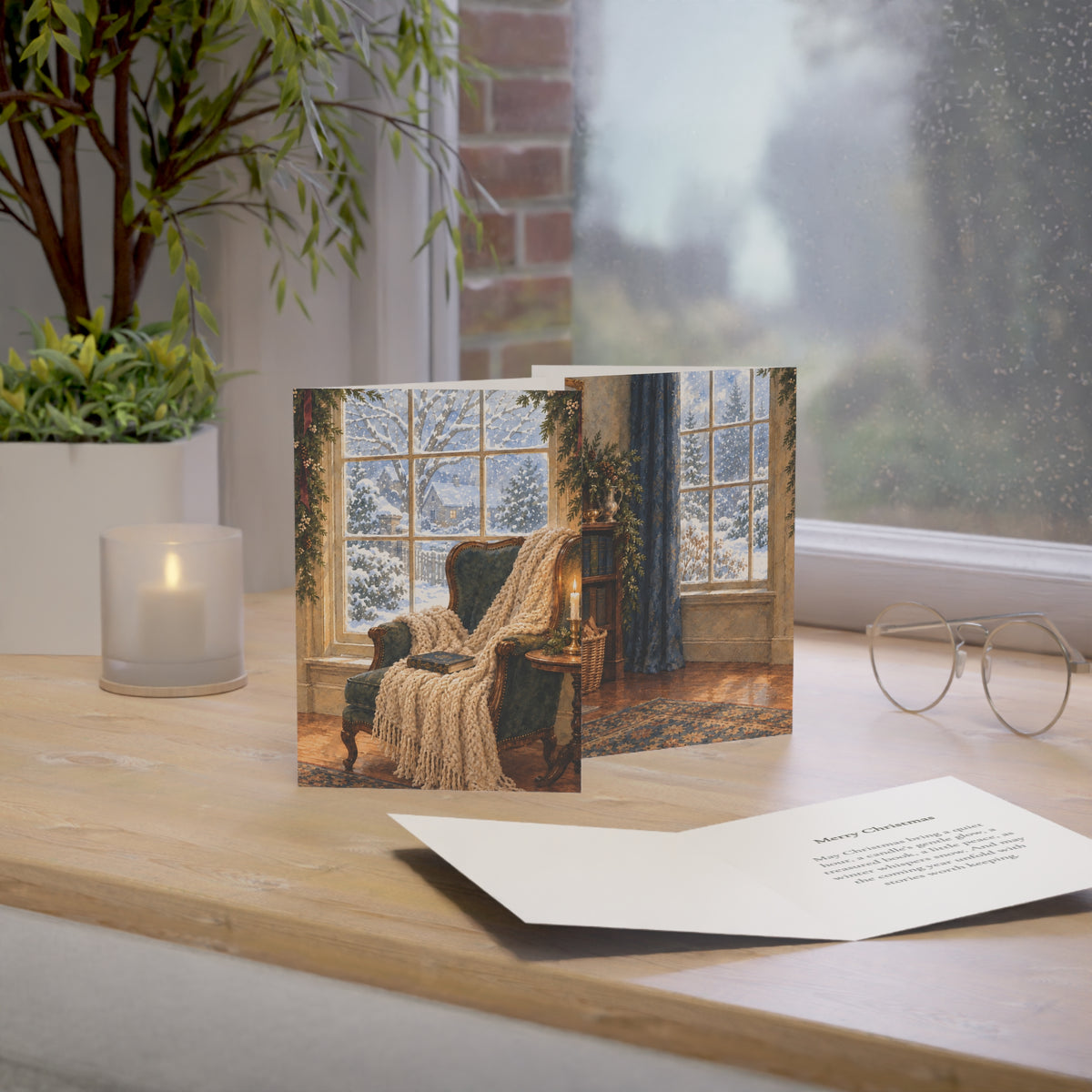 Cozy Winter Window Christmas Card — Watercolor Reading Nook & Greeting Inside