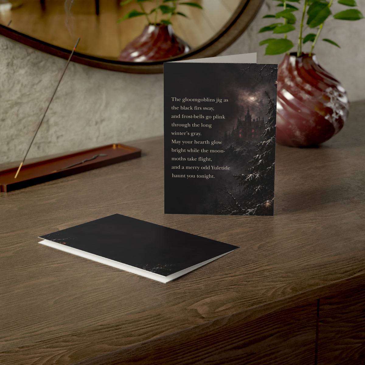 Yuletide Gothic Greeting Card — Dark Winter Castle Holiday Card with Poetic Verse (1/10/30/50 pack)
