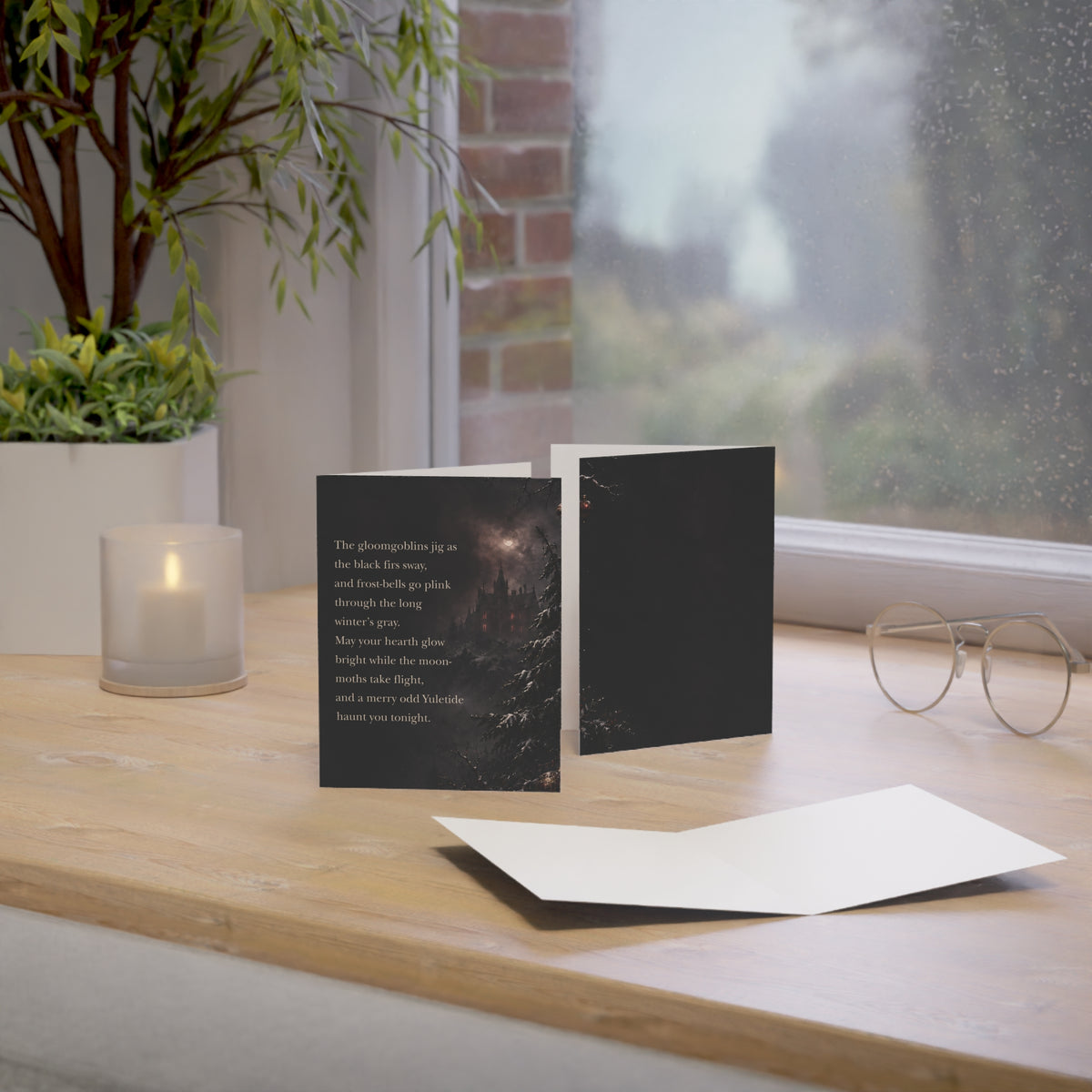 Yuletide Gothic Greeting Card — Dark Winter Castle Holiday Card with Poetic Verse (1/10/30/50 pack)