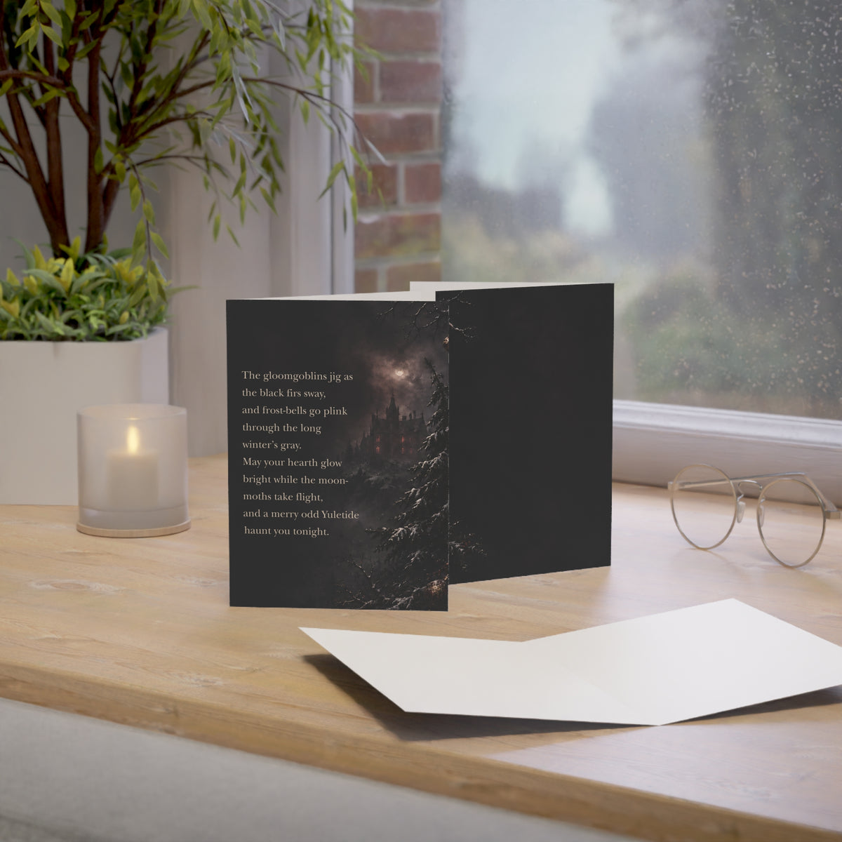 Yuletide Gothic Greeting Card — Dark Winter Castle Holiday Card with Poetic Verse (1/10/30/50 pack)