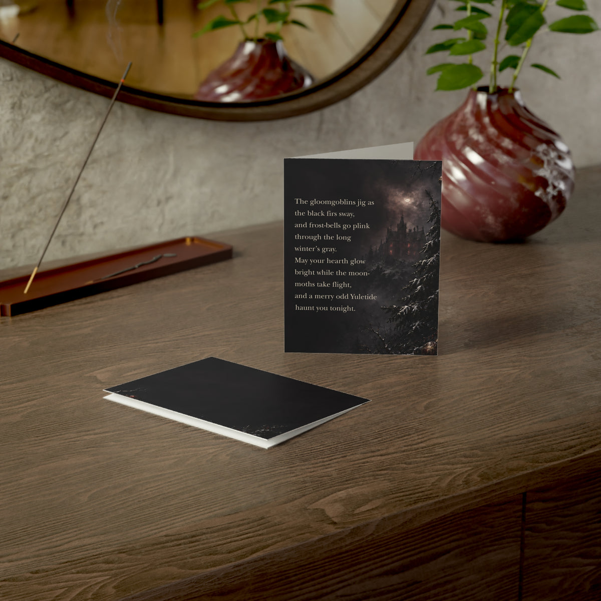 Yuletide Gothic Greeting Card — Dark Winter Castle Holiday Card with Poetic Verse (1/10/30/50 pack)