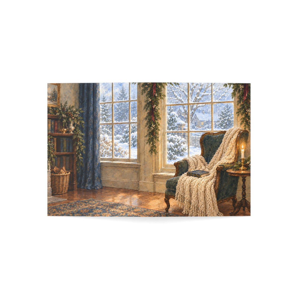 Cozy Winter Window Christmas Card — Watercolor Reading Nook & Greeting Inside