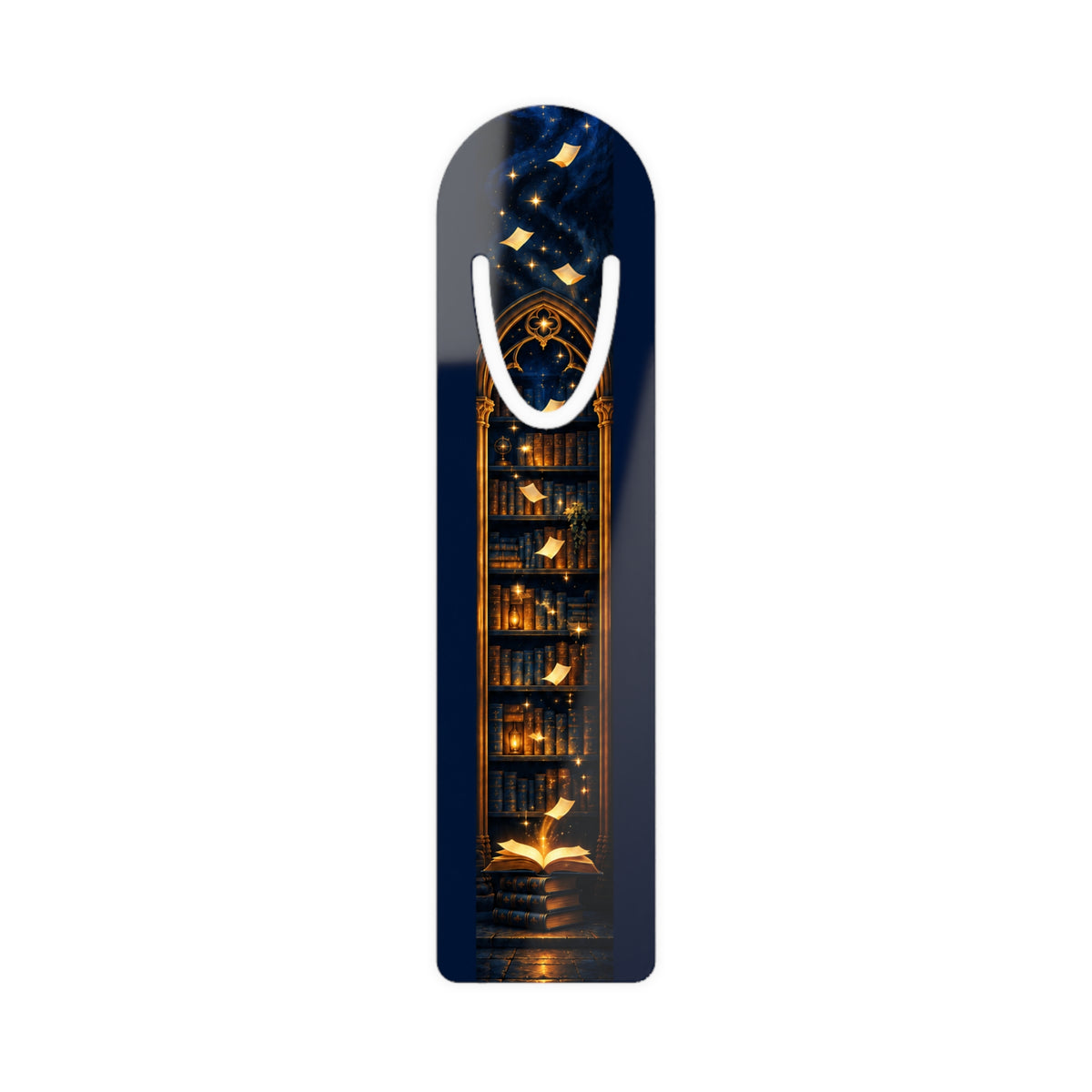 “Bookmark featuring a lantern-lit library, towering books, and floating pages in a warm golden glow.”