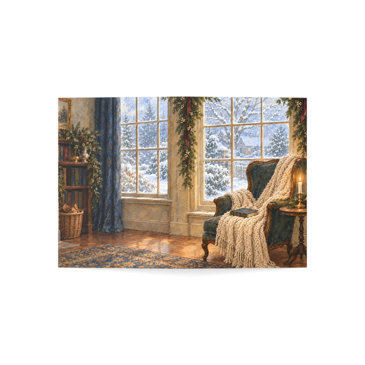 Cozy Winter Window Christmas Card — Watercolor Reading Nook & Greeting Inside