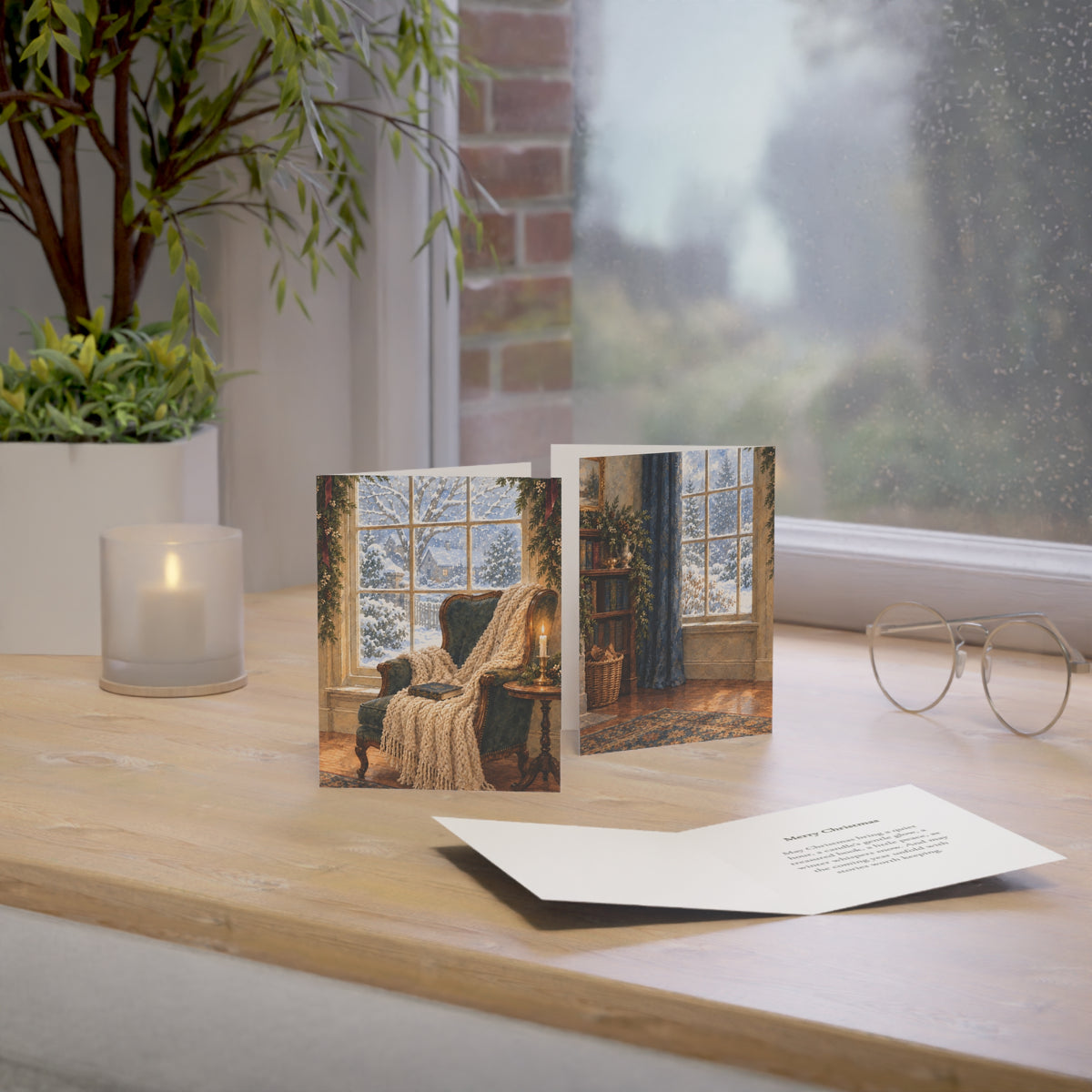 Cozy Winter Window Christmas Card — Watercolor Reading Nook & Greeting Inside