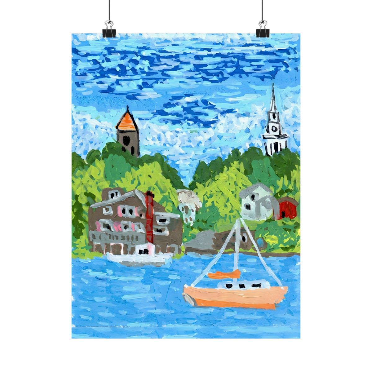 “Coastal harbor sailboat poster displayed with black clips against a white background.”
