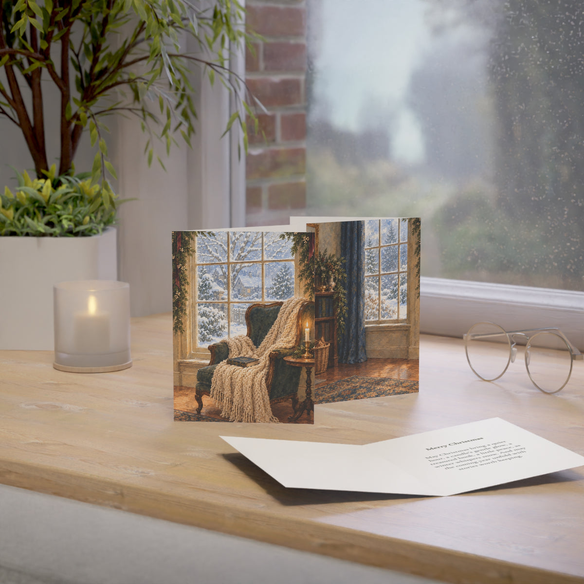 Cozy Winter Window Christmas Card — Watercolor Reading Nook & Greeting Inside
