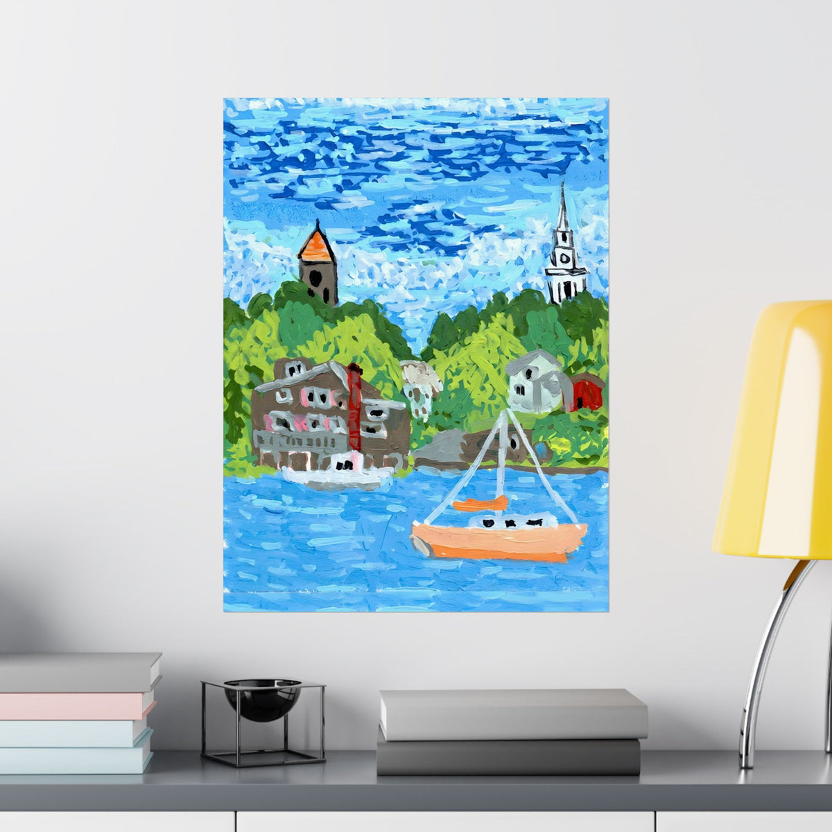 Matte poster featuring a peach sailboat on blue harbor water, hillside houses, and two church steeples.