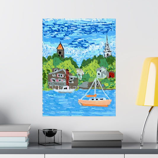 Matte poster featuring a peach sailboat on blue harbor water, hillside houses, and two church steeples.