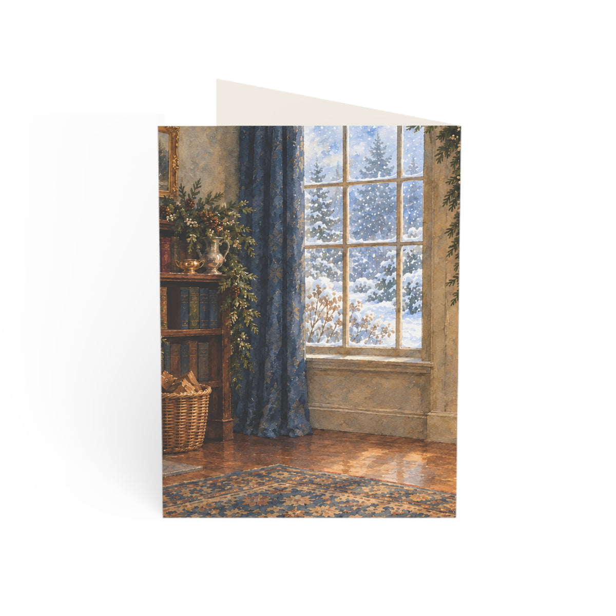 Cozy Winter Window Christmas Card — Watercolor Reading Nook & Greeting Inside