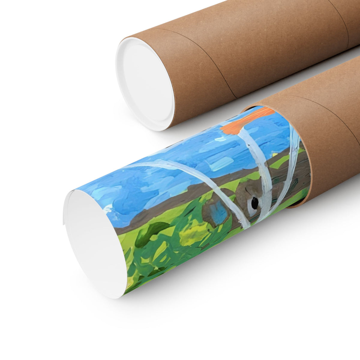 Rolled coastal harbor poster partly visible inside a cardboard shipping tube beside a second tube.
