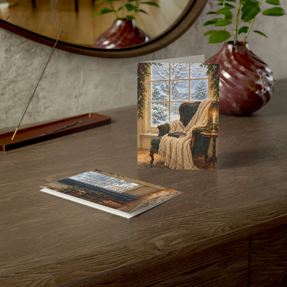 Cozy Winter Window Christmas Card — Watercolor Reading Nook & Greeting Inside