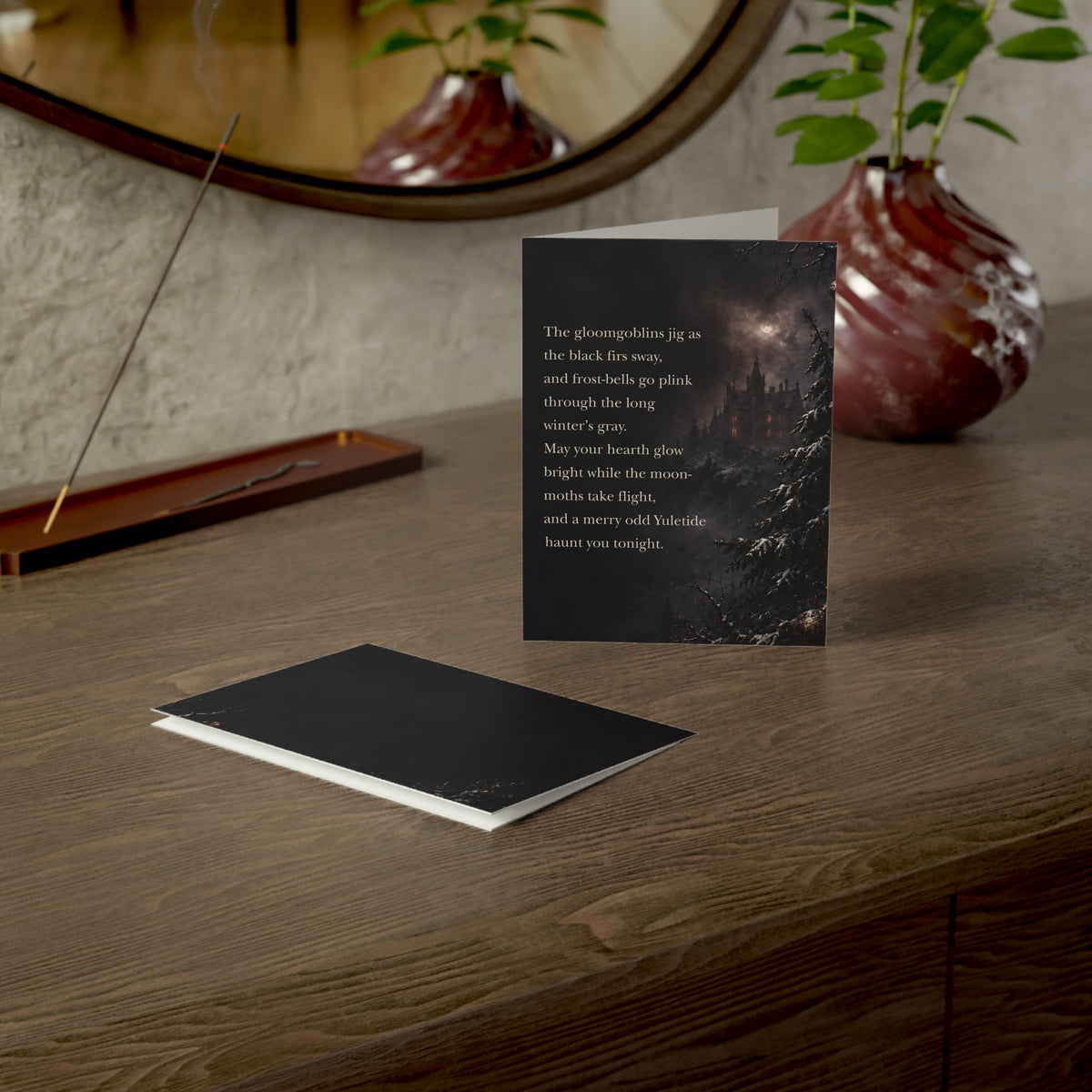 Yuletide Gothic Greeting Card — Dark Winter Castle Holiday Card with Poetic Verse (1/10/30/50 pack)