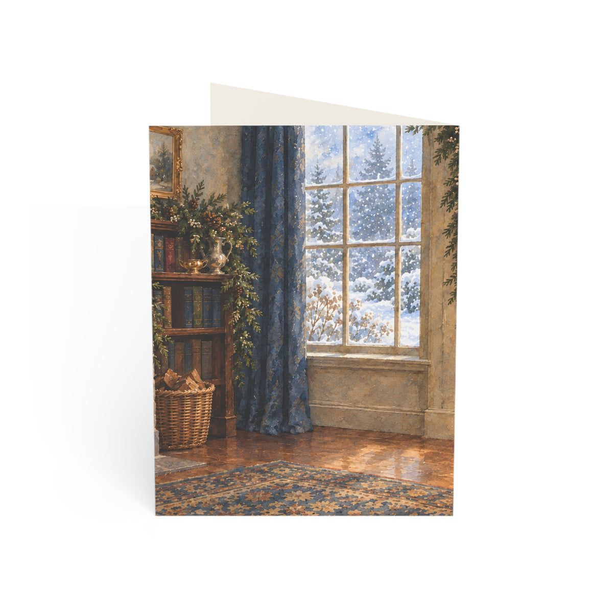 Cozy Winter Window Christmas Card — Watercolor Reading Nook & Greeting Inside