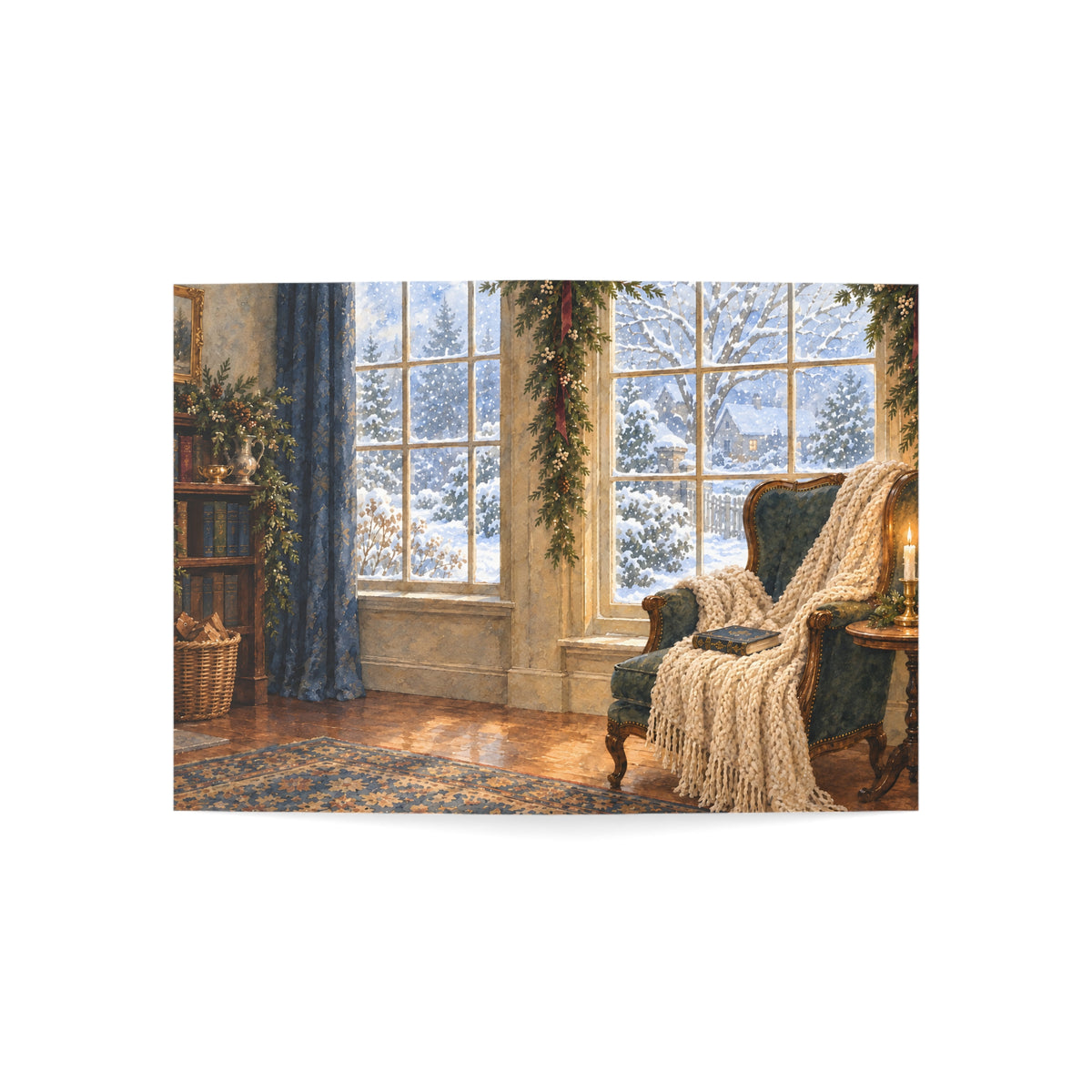 Cozy Winter Window Christmas Card — Watercolor Reading Nook & Greeting Inside