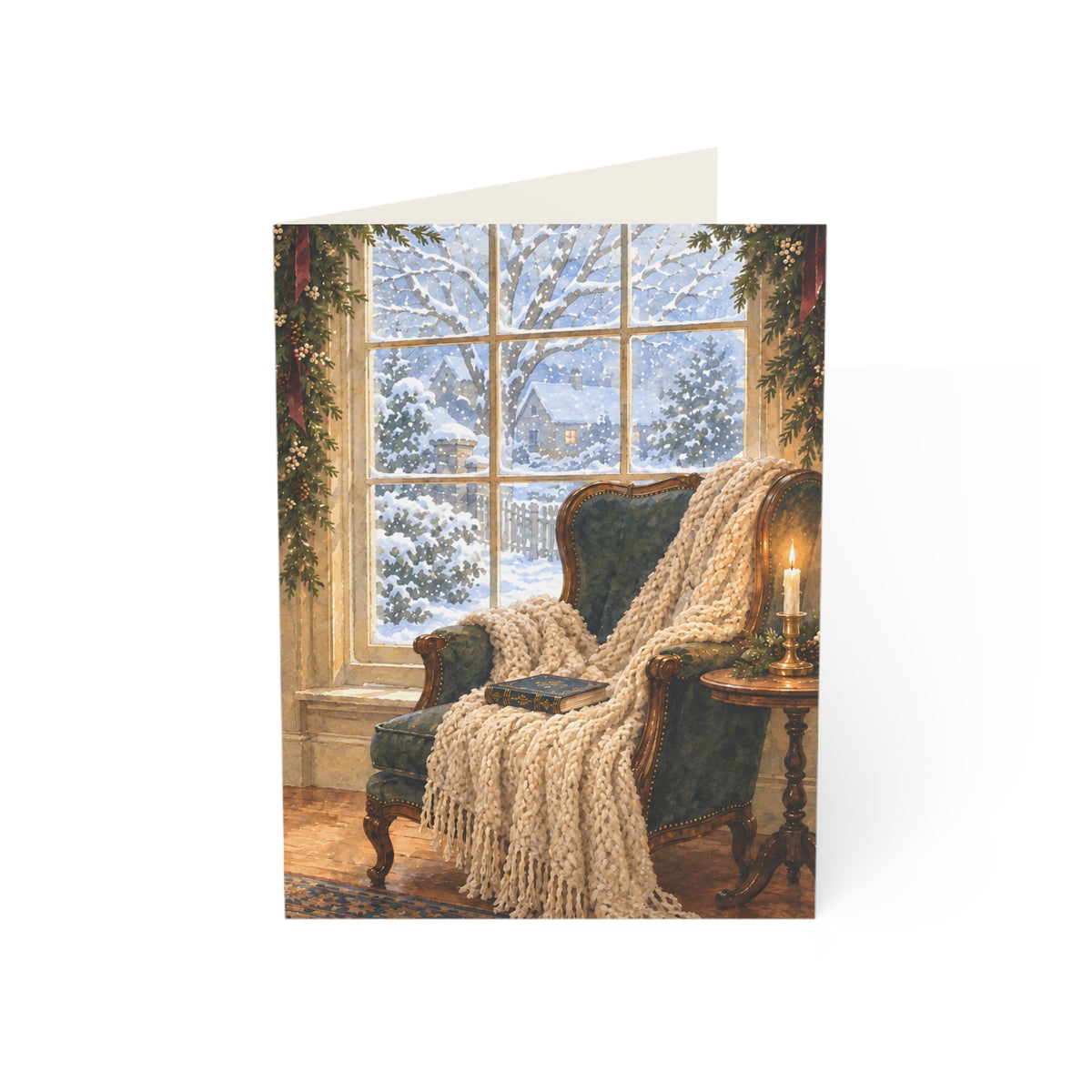 Cozy Winter Window Christmas Card — Watercolor Reading Nook & Greeting Inside