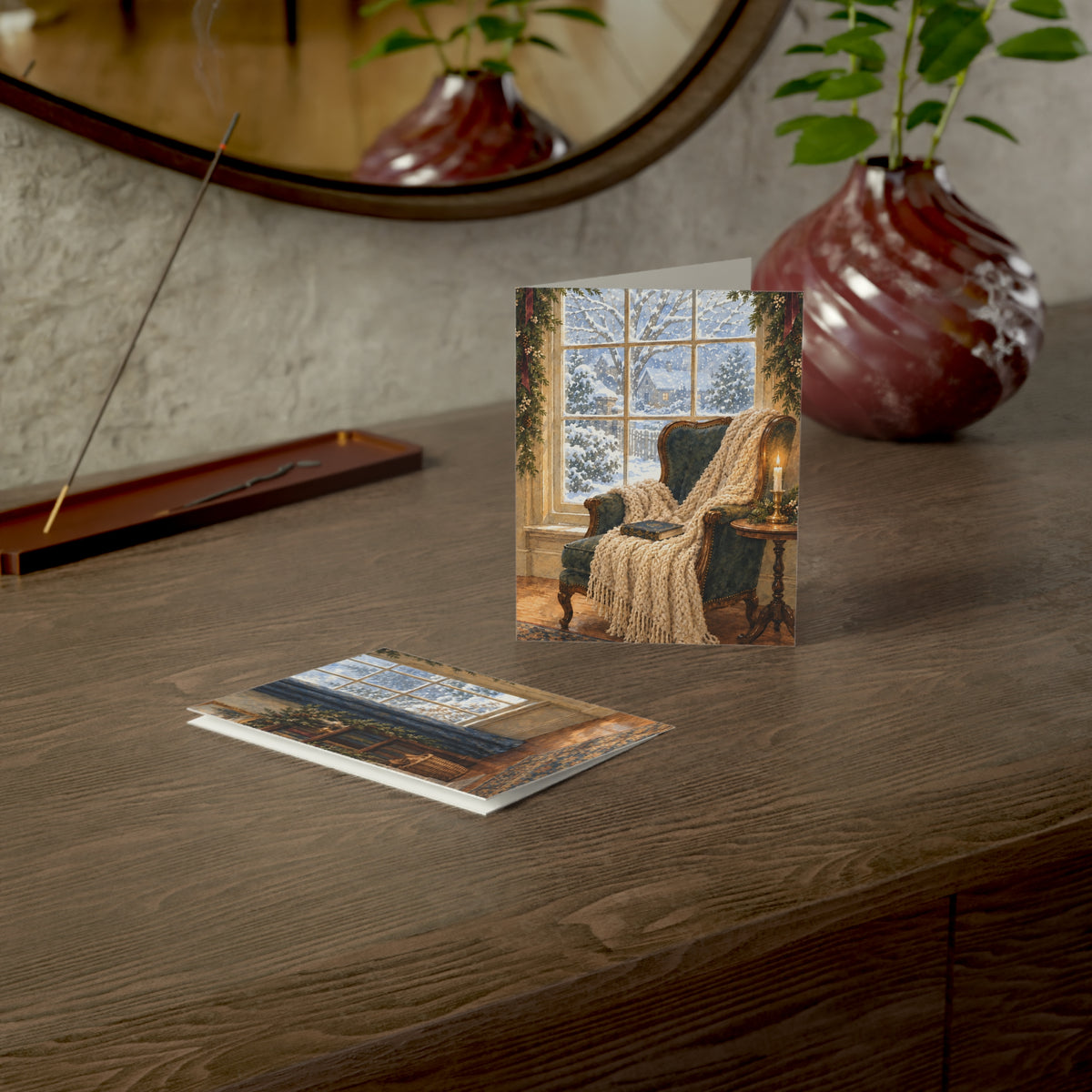 Cozy Winter Window Christmas Card — Watercolor Reading Nook & Greeting Inside