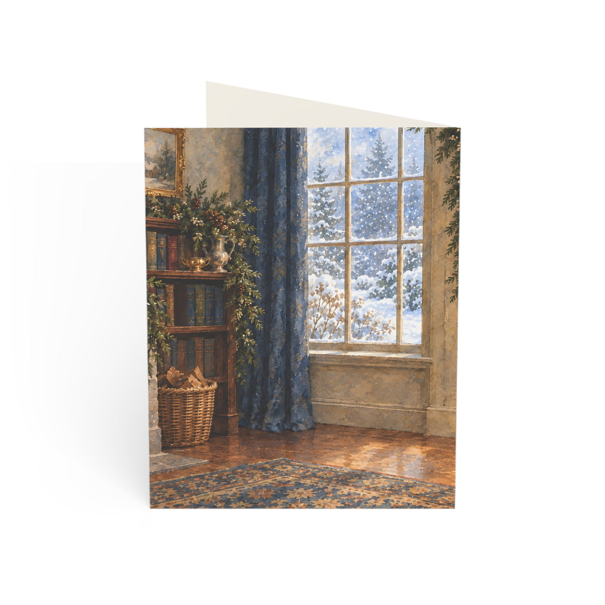 Cozy Winter Window Christmas Card — Watercolor Reading Nook & Greeting Inside