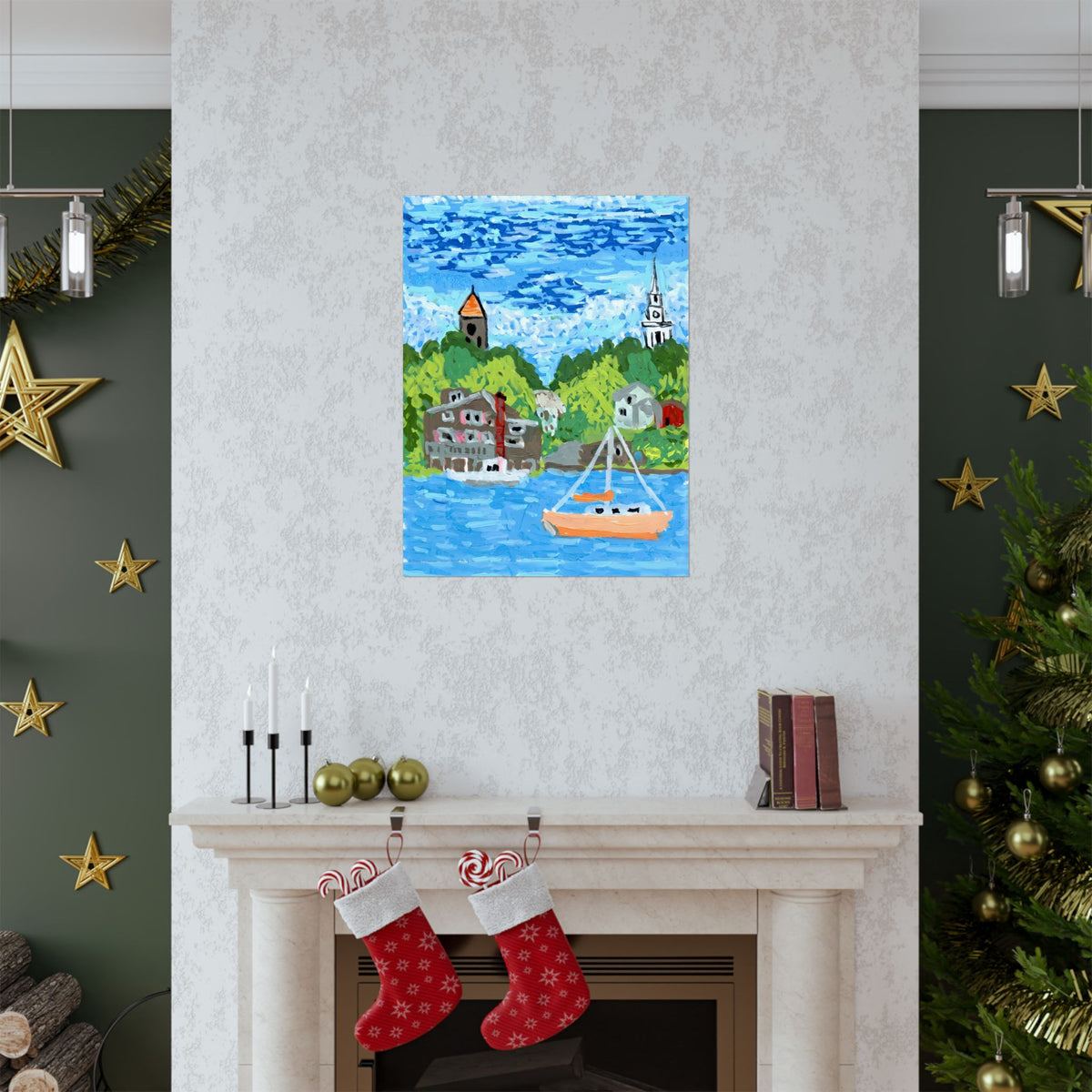 “Coastal harbor sailboat poster displayed above a fireplace decorated with Christmas stockings.”