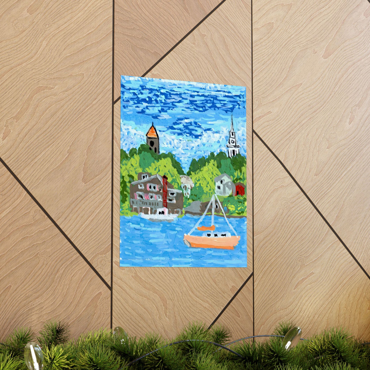 “Coastal harbor sailboat poster displayed on a light wood-paneled wall.”
