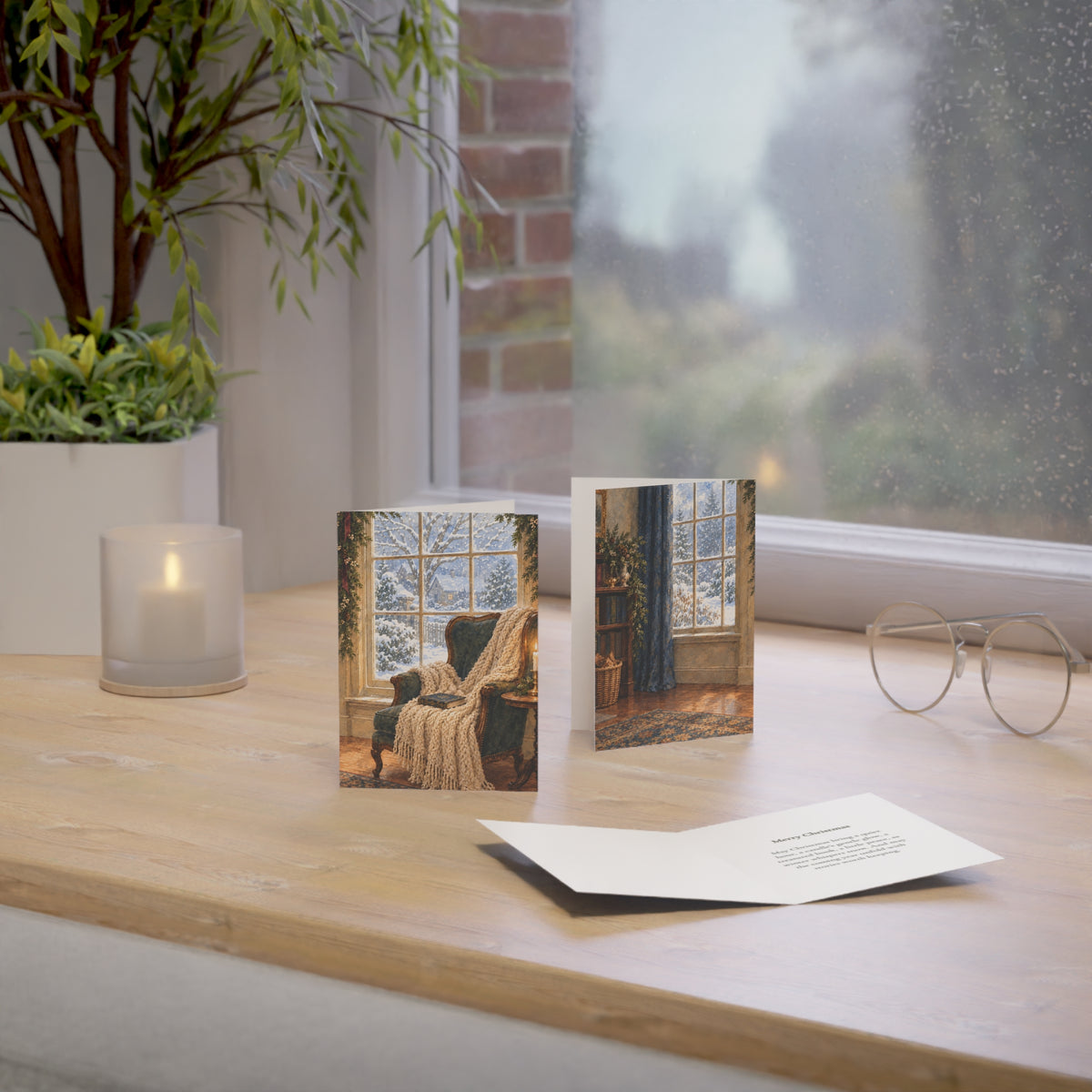 Cozy Winter Window Christmas Card — Watercolor Reading Nook & Greeting Inside