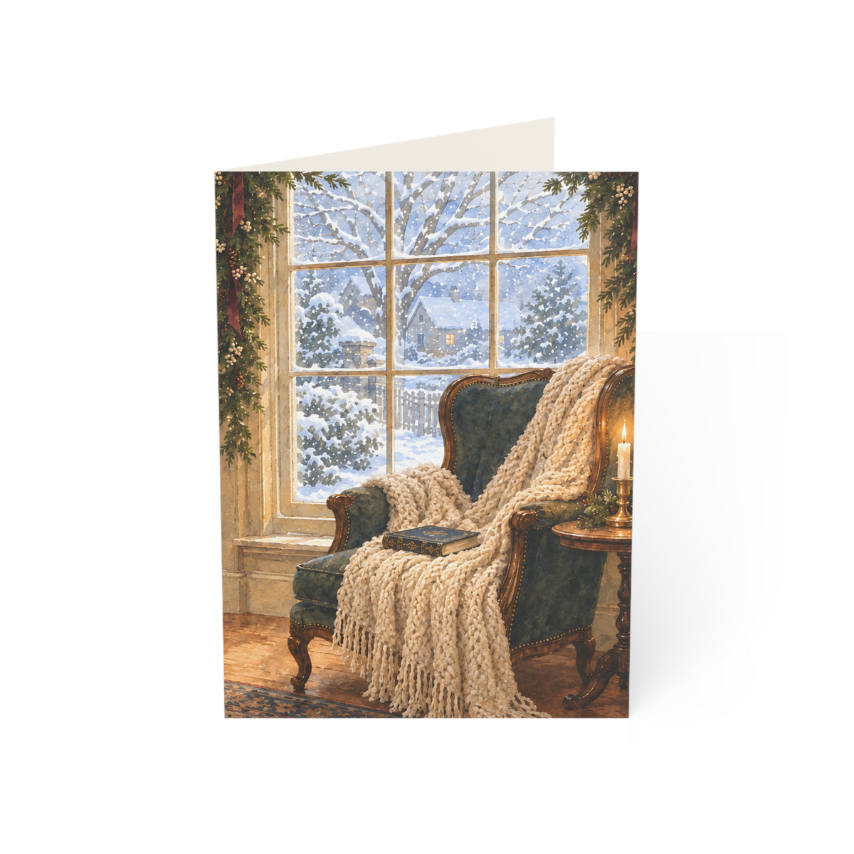 Cozy Winter Window Christmas Card — Watercolor Reading Nook & Greeting Inside