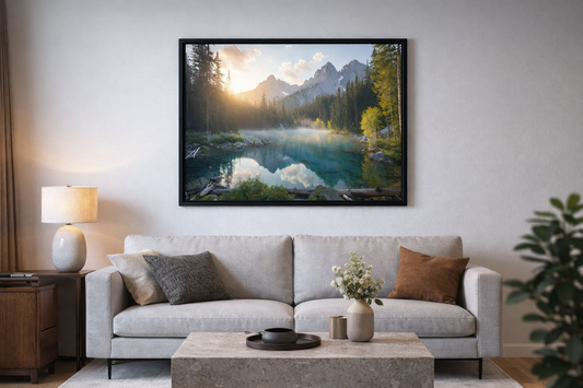 Mountain Lake Sunrise Wall Art, Forest Reflection Nature Photography (Digital Download)