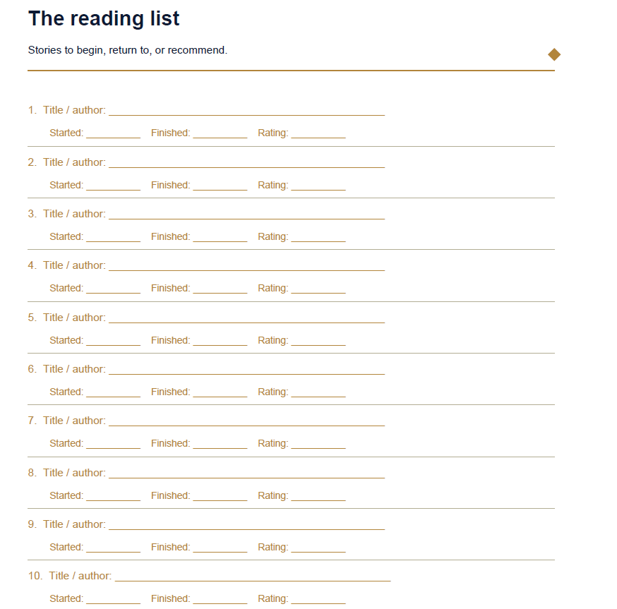 Reading list page of the Between the Lines journal with spaces for title, author, dates and rating