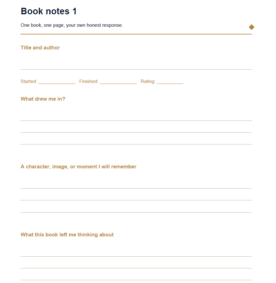 Guided book-notes page with prompts for memorable moments and reflections
