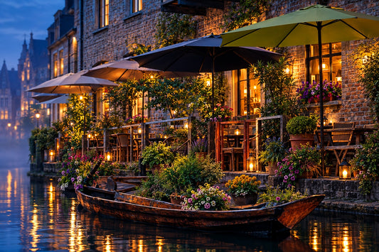 Reimagined Ghent canal at twilight with illuminated waterside cafés, umbrellas, flowers and a wooden boat reflected in the water.