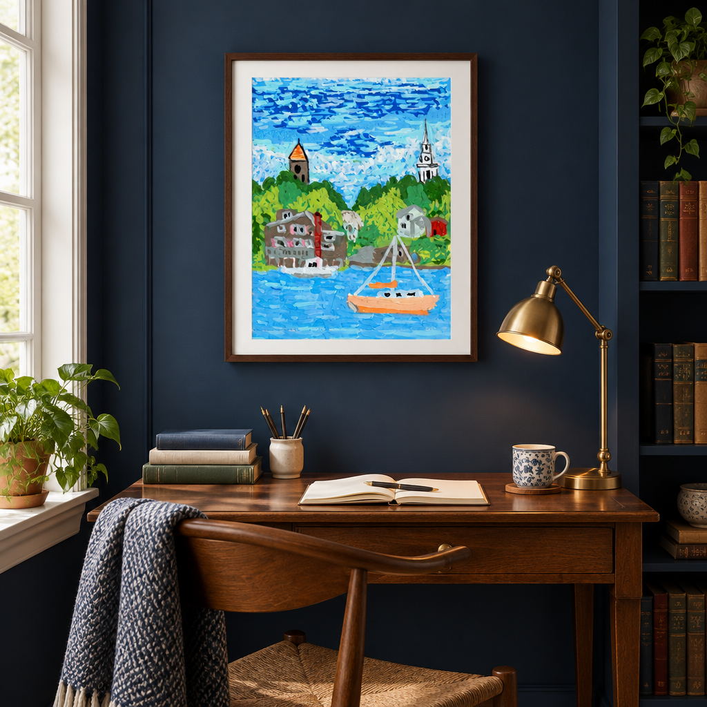  “Harbor sailboat artwork in a dark frame above a wooden desk against a navy wall.”