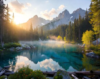 Mountain Lake Sunrise Wall Art, Forest Reflection Nature Photography (Digital Download)