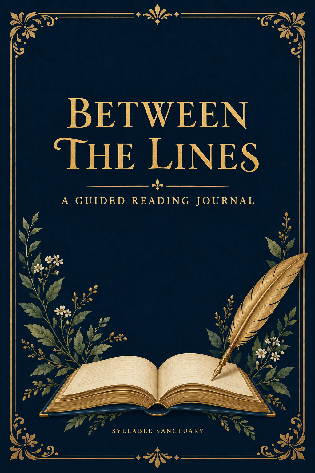 Between the Lines guided reading journal cover with navy background, gold title, open book, quill and floral border