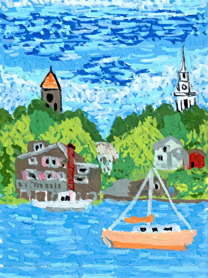 Painterly harbor scene with a peach sailboat on blue water, hillside houses, and two church steeples.